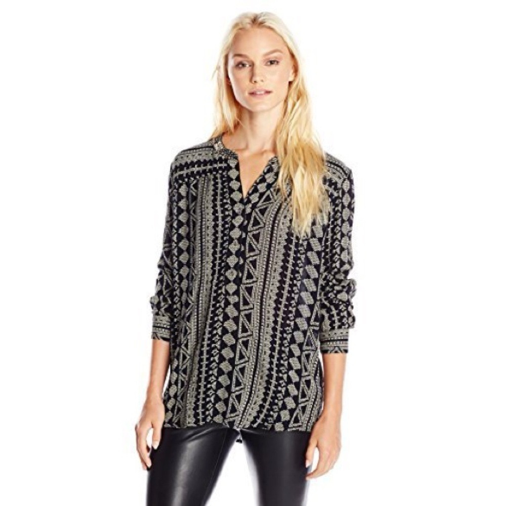Velvet by Graham & Spencer • African Print Tunic Blouse black white embroidered